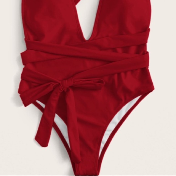 Red Lined Plunging Neckline One Piece Criss Cross Swimsuit New - Picture 3 of 10